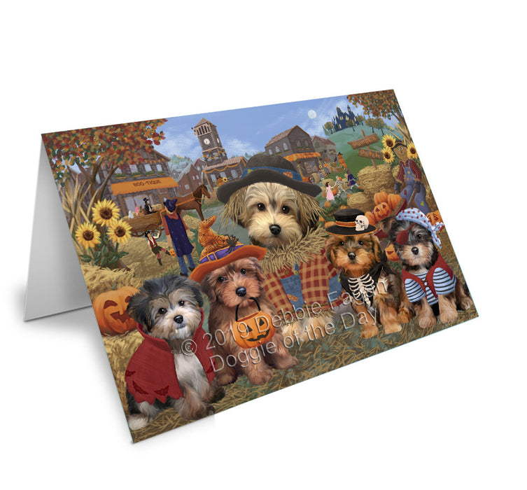 Halloween 'Round Town Yorkipoo Dogs Handmade Artwork Assorted Pets Greeting Cards and Note Cards with Envelopes for All Occasions and Holiday Seasons GCD78500