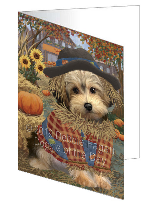 Fall Pumpkin Scarecrow Yorkipoo Dogs Handmade Artwork Assorted Pets Greeting Cards and Note Cards with Envelopes for All Occasions and Holiday Seasons GCD78683