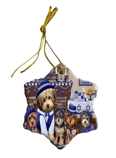 Happy Hanukkah Family Yorkipoo Dogs Star Porcelain Ornament SPOR57748