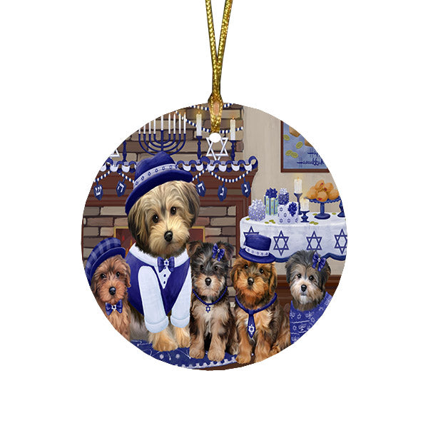 Happy Hanukkah Family and Happy Hanukkah Both Yorkipoo Dogs Round Flat Christmas Ornament RFPOR57652
