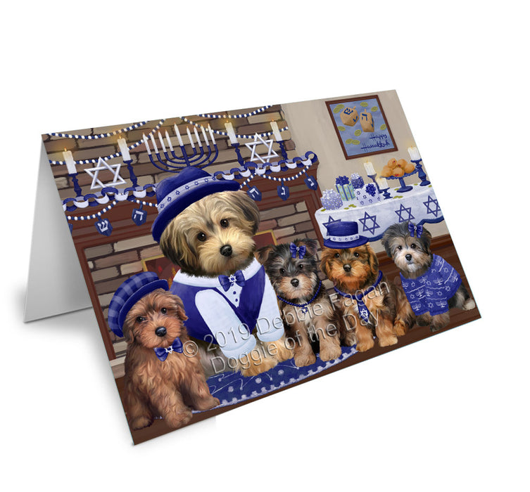 Happy Hanukkah Family Yorkipoo Dogs Handmade Artwork Assorted Pets Greeting Cards and Note Cards with Envelopes for All Occasions and Holiday Seasons GCD78590