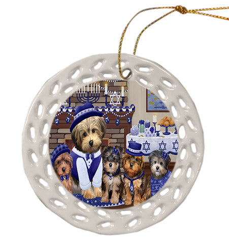 Happy Hanukkah Family Yorkipoo Dogs Ceramic Doily Ornament DPOR57748