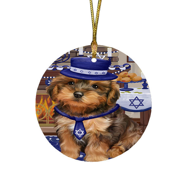 Happy Hanukkah Family and Happy Hanukkah Both Yorkipoo Dog Round Flat Christmas Ornament RFPOR57713
