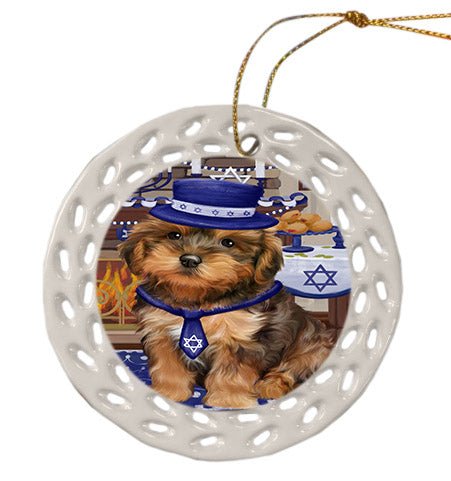 Happy Hanukkah Yorkipoo Dog Ceramic Doily Ornament DPOR57809