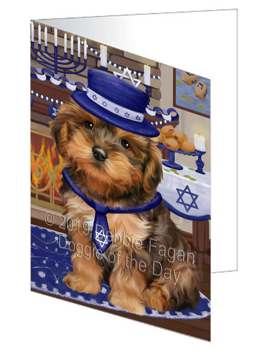 Happy Hanukkah Yorkipoo Dog Handmade Artwork Assorted Pets Greeting Cards and Note Cards with Envelopes for All Occasions and Holiday Seasons GCD78773