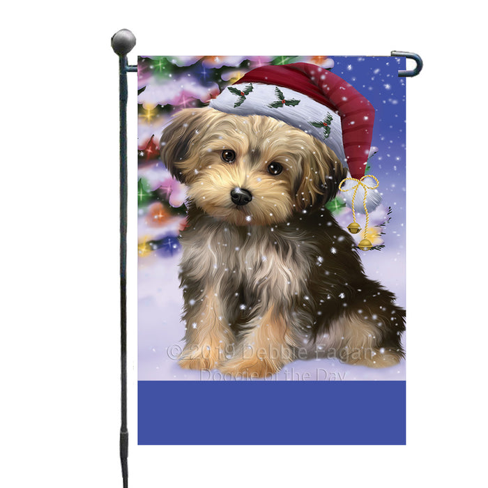 Personalized Winterland Wonderland Yorkipoo Dog In Christmas Holiday Scenic Background Custom Garden Flags GFLG-DOTD-A61444