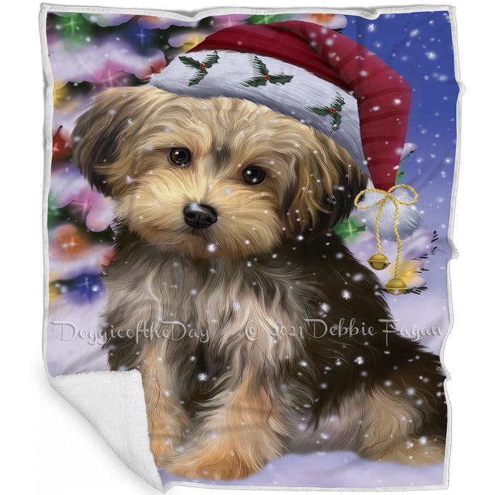 Winterland Wonderland Yorkipoo Dog In Christmas Holiday Scenic Background Blanket BLNKT101478
