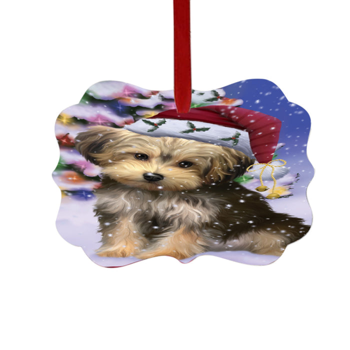 Winterland Wonderland Yorkipoo Dog In Christmas Holiday Scenic Background Double-Sided Photo Benelux Christmas Ornament LOR49664