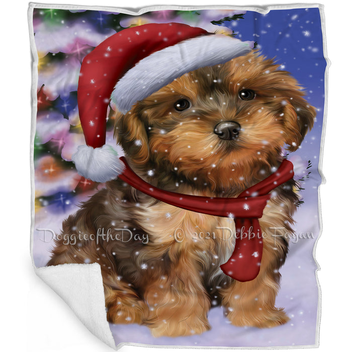 Winterland Wonderland Yorkipoo Dog In Christmas Holiday Scenic Background Blanket BLNKT101487