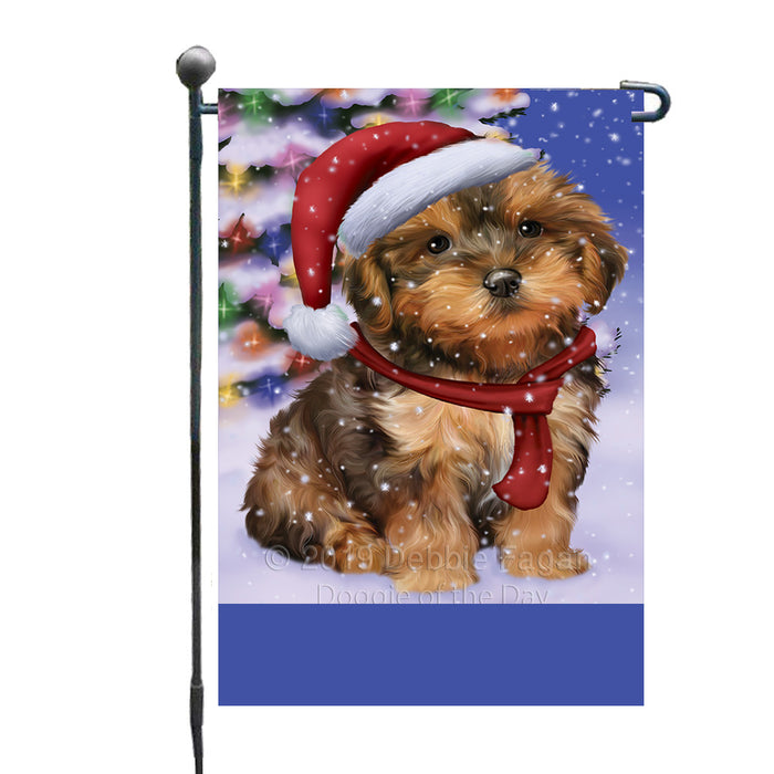 Personalized Winterland Wonderland Yorkipoo Dog In Christmas Holiday Scenic Background Custom Garden Flags GFLG-DOTD-A61445
