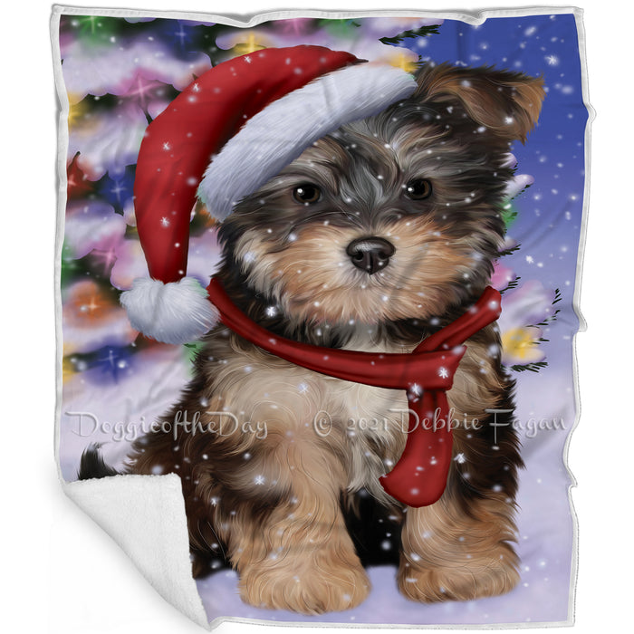 Winterland Wonderland Yorkipoo Dog In Christmas Holiday Scenic Background Blanket BLNKT101496
