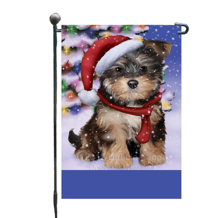 Personalized Winterland Wonderland Yorkipoo Dog In Christmas Holiday Scenic Background Custom Garden Flags GFLG-DOTD-A61446