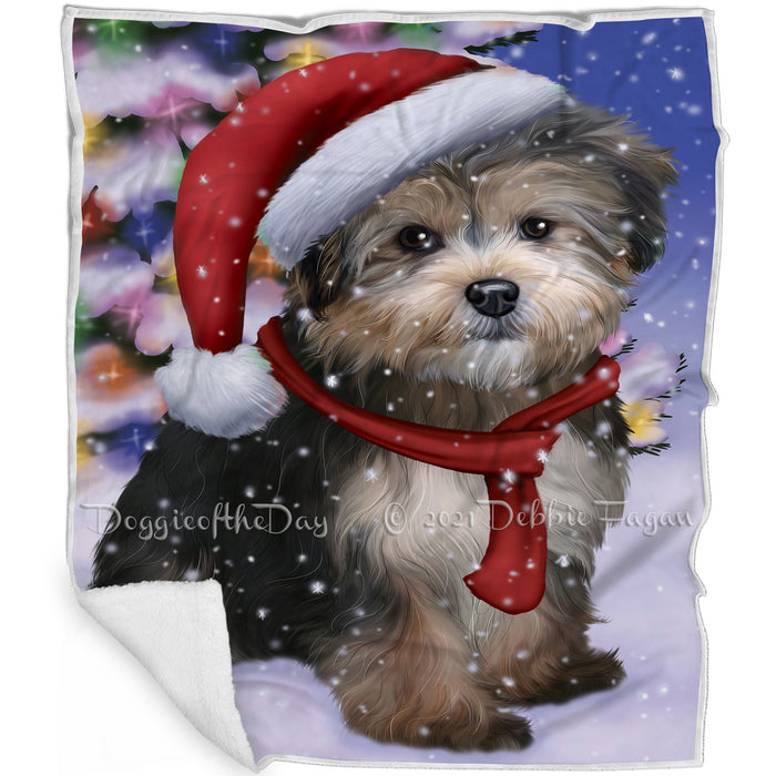 Winterland Wonderland Yorkipoo Dog In Christmas Holiday Scenic Background Blanket BLNKT101505
