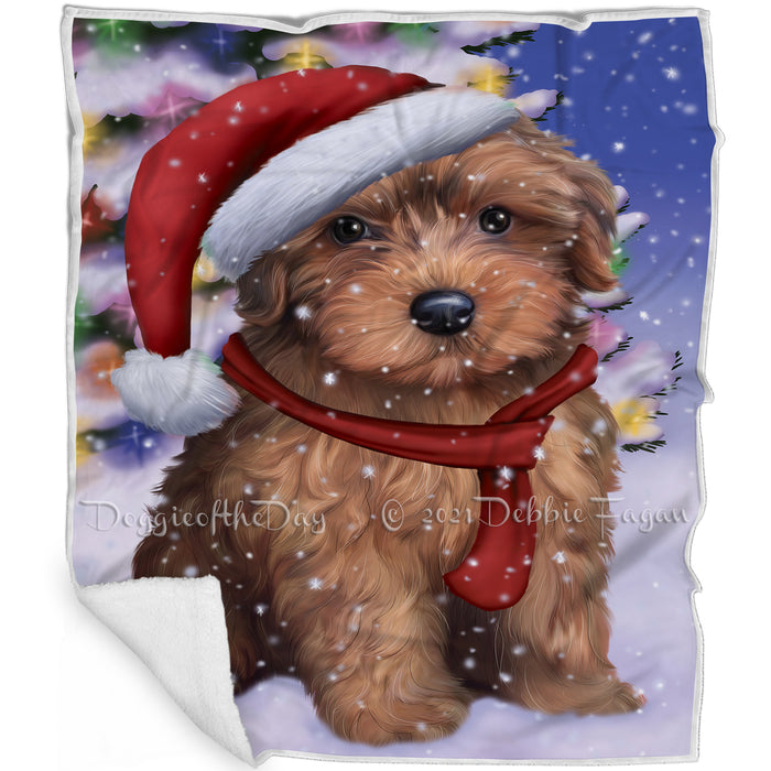 Winterland Wonderland Yorkipoo Dog In Christmas Holiday Scenic Background Blanket BLNKT101514
