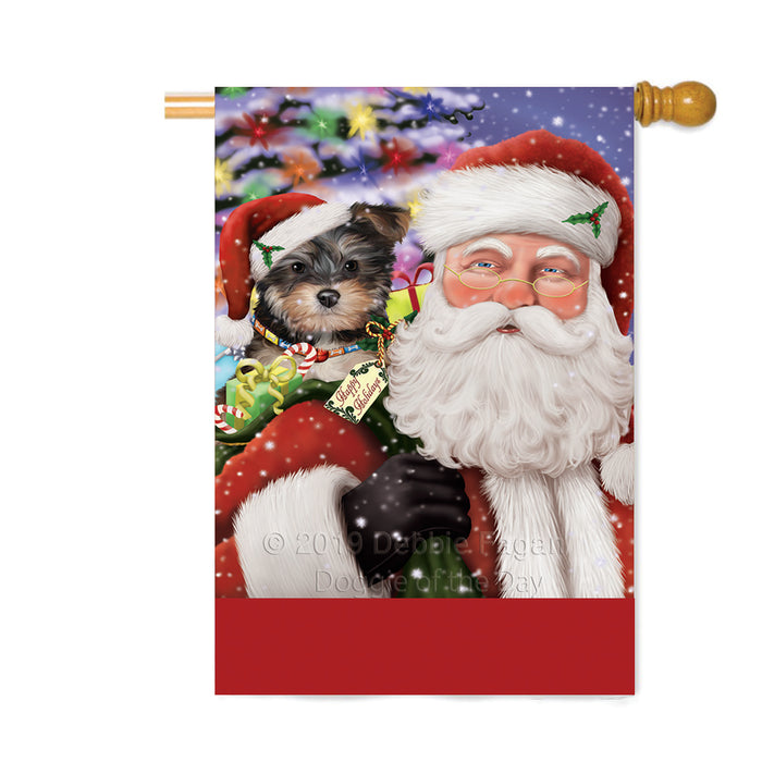 Personalized Santa Carrying Yorkipoo Dog and Christmas Presents Custom House Flag FLG-DOTD-A63560