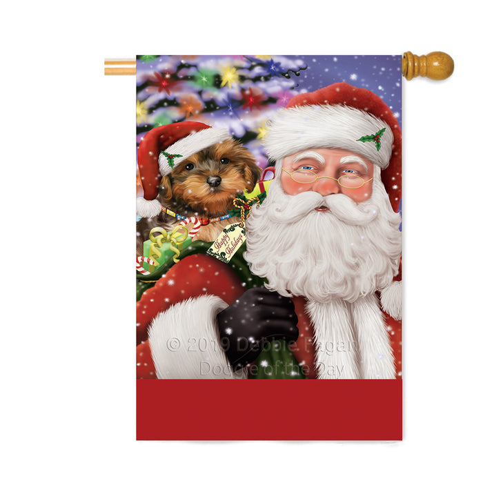 Personalized Santa Carrying Yorkipoo Dog and Christmas Presents Custom House Flag FLG-DOTD-A63561