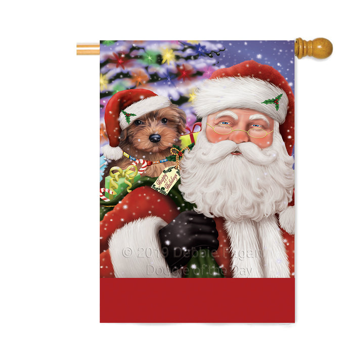 Personalized Santa Carrying Yorkipoo Dog and Christmas Presents Custom House Flag FLG-DOTD-A63562
