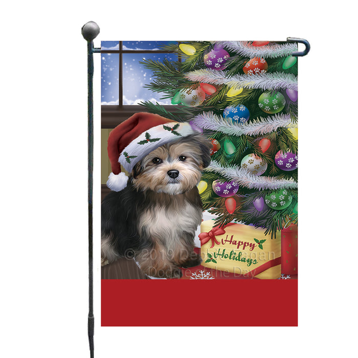 Personalized Christmas Happy Holidays Yorkipoo Dog with Tree and Presents Custom Garden Flags GFLG-DOTD-A58689