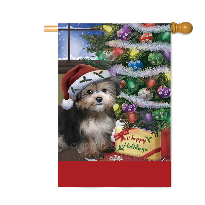 Personalized Christmas Happy Holidays Yorkipoo Dog with Tree and Presents Custom House Flag FLG-DOTD-A58745