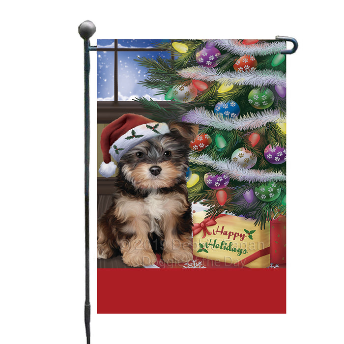 Personalized Christmas Happy Holidays Yorkipoo Dog with Tree and Presents Custom Garden Flags GFLG-DOTD-A58686