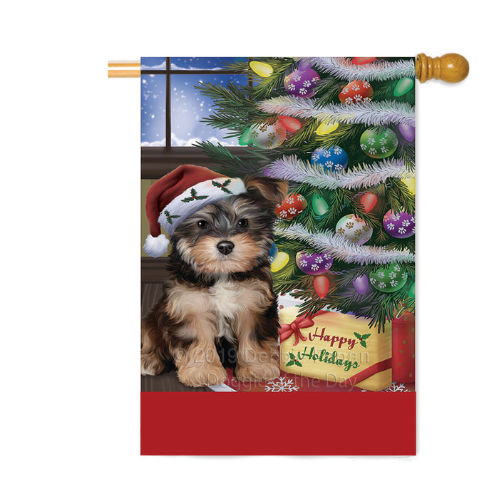 Personalized Christmas Happy Holidays Yorkipoo Dog with Tree and Presents Custom House Flag FLG-DOTD-A58742