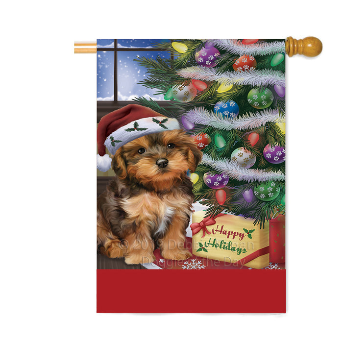 Personalized Christmas Happy Holidays Yorkipoo Dog with Tree and Presents Custom House Flag FLG-DOTD-A58743