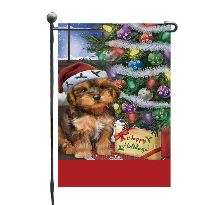 Personalized Christmas Happy Holidays Yorkipoo Dog with Tree and Presents Custom Garden Flags GFLG-DOTD-A58687