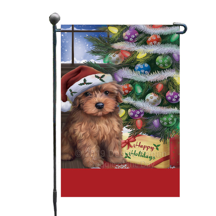 Personalized Christmas Happy Holidays Yorkipoo Dog with Tree and Presents Custom Garden Flags GFLG-DOTD-A58688