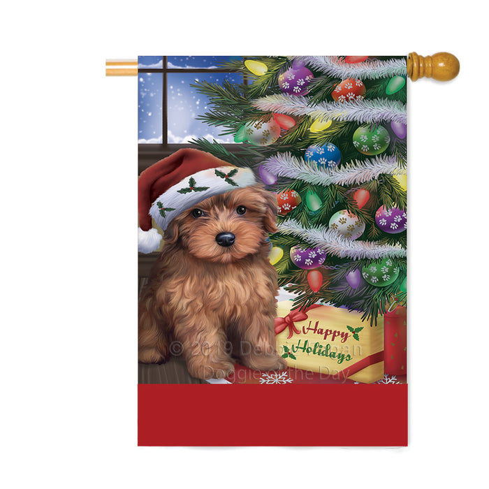 Personalized Christmas Happy Holidays Yorkipoo Dog with Tree and Presents Custom House Flag FLG-DOTD-A58744