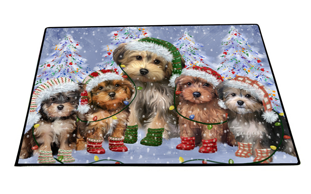 Christmas Lights and Yorkipoo Dogs Floor Mat- Anti-Slip Pet Door Mat Indoor Outdoor Front Rug Mats for Home Outside Entrance Pets Portrait Unique Rug Washable Premium Quality Mat