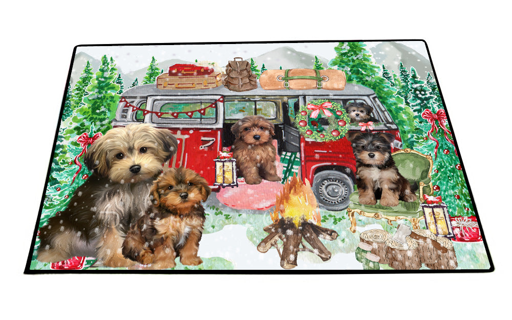 Christmas Time Camping with Yorkipoo Dogs Floor Mat- Anti-Slip Pet Door Mat Indoor Outdoor Front Rug Mats for Home Outside Entrance Pets Portrait Unique Rug Washable Premium Quality Mat