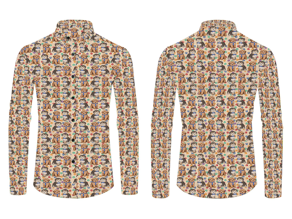 Rainbow Paw Print Yorkipoo Dogs Blue All Over Print Casual Dress Men's Shirt