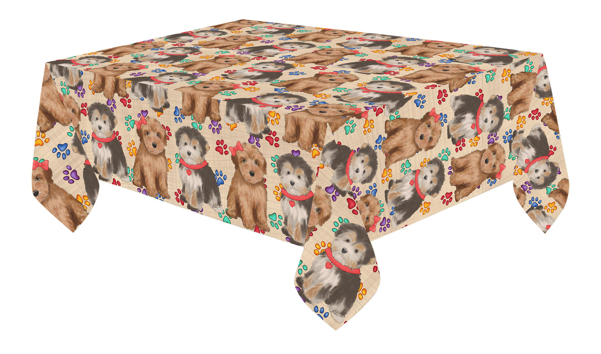 Rainbow Paw Print Yorkipoo Dogs Red Cotton Linen Tablecloth