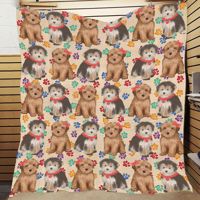 Rainbow Paw Print Yorkipoo Dogs Red Quilt