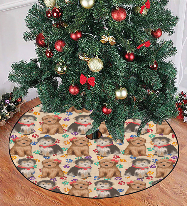 Rainbow Paw Print Yorkipoo Dogs Red Christmas Tree Skirt