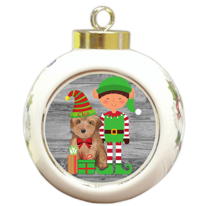 Custom Personalized Yorkipoo Dog Elfie and Presents Christmas Round Ball Ornament