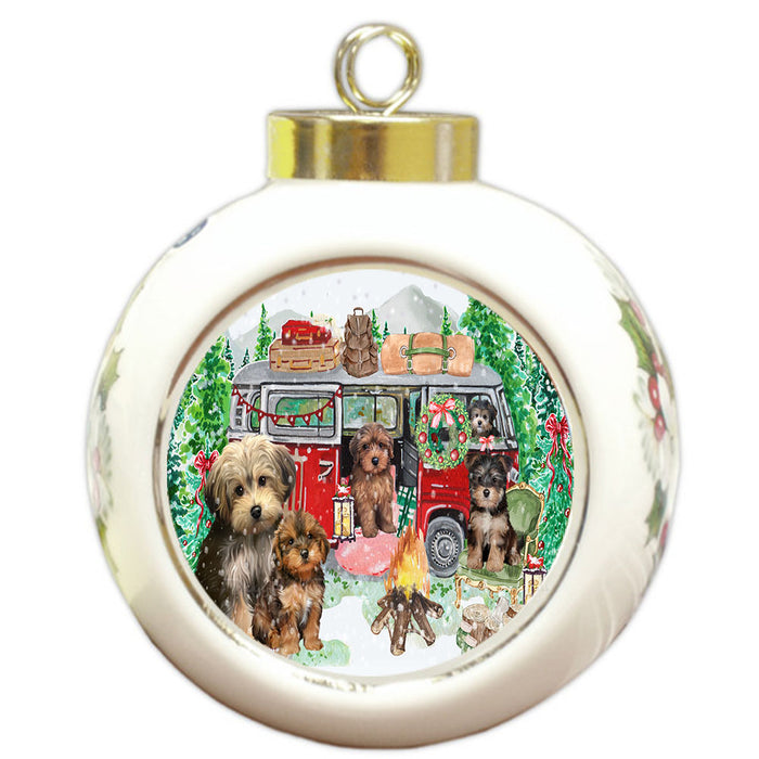 Christmas Time Camping with Yorkipoo Dogs Round Ball Christmas Ornament Pet Decorative Hanging Ornaments for Christmas X-mas Tree Decorations - 3" Round Ceramic Ornament