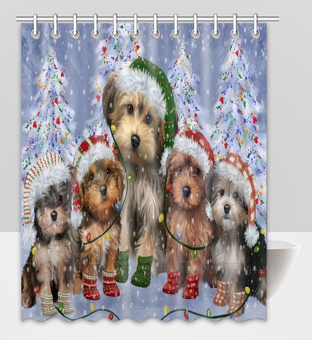 Christmas Lights and Yorkipoo Dogs Shower Curtain Pet Painting Bathtub Curtain Waterproof Polyester One-Side Printing Decor Bath Tub Curtain for Bathroom with Hooks