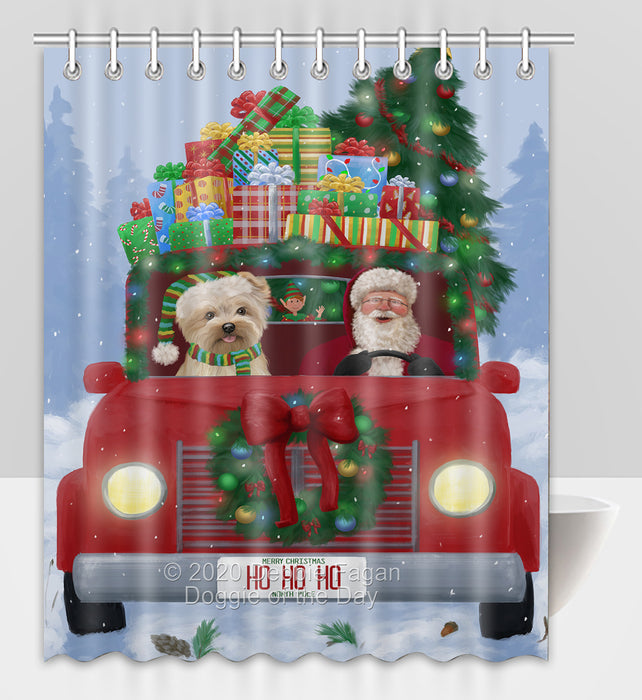 Christmas Honk Honk Red Truck Here Comes with Santa and Yorkipoo Dog Shower Curtain Bathroom Accessories Decor Bath Tub Screens SC097