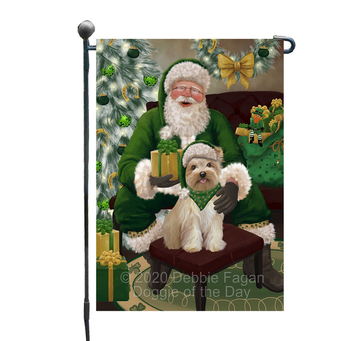 Christmas Irish Santa with Gift and Yorkipoo Dog Garden Flag GFLG66701