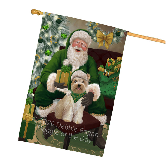 Christmas Irish Santa with Gift and Yorkipoo Dog House Flag FLG66757
