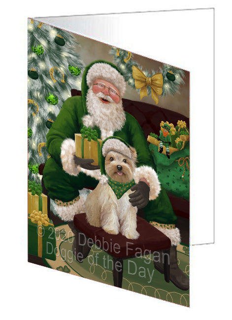 Christmas Irish Santa with Gift and Yorkipoo Dog Handmade Artwork Assorted Pets Greeting Cards and Note Cards with Envelopes for All Occasions and Holiday Seasons GCD76025