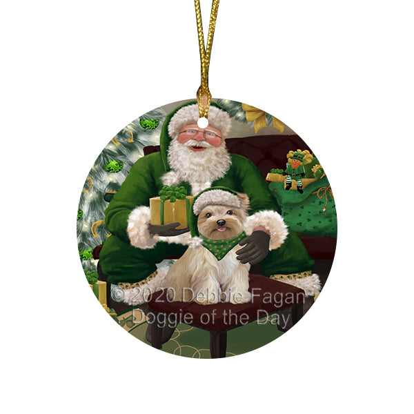 Christmas Irish Santa with Gift and Yorkipoo Dog Round Flat Christmas Ornament RFPOR57985