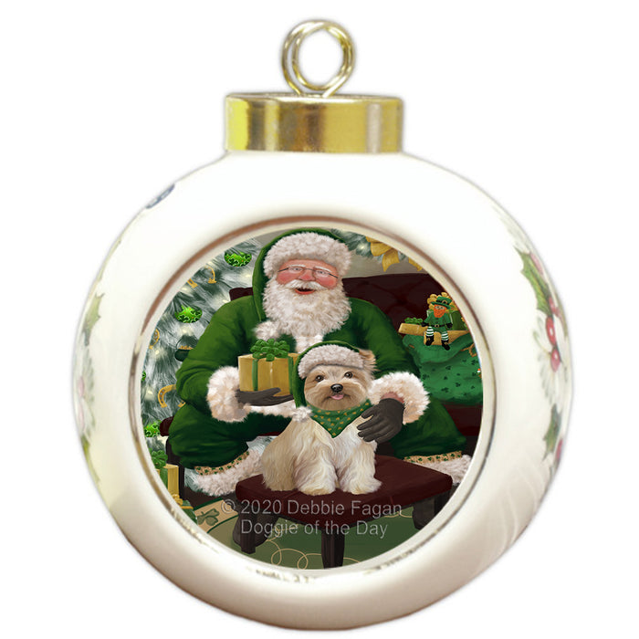 Christmas Irish Santa with Gift and Yorkipoo Dog Round Ball Christmas Ornament RBPOR57985
