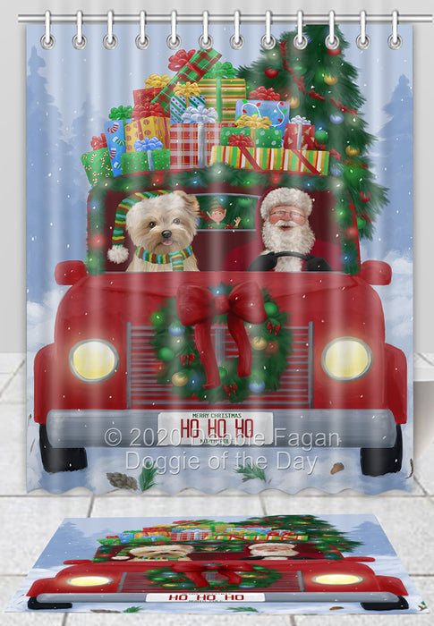 Christmas Honk Honk Red Truck Here Comes with Santa and Yorkipoo Dog Bath Mat and Shower Curtain Combo