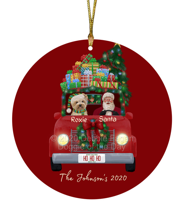 Personalized Christmas Honk Honk Red Truck Here Comes with Santa and Yorkipoo Dog Round Flat Ornament PRBPOR59135