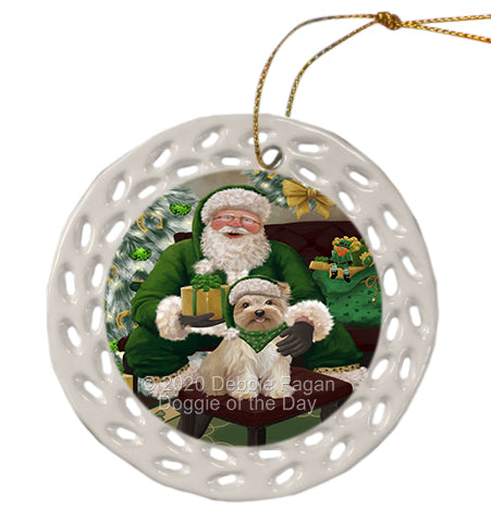 Christmas Irish Santa with Gift and Yorkipoo Dog Doily Ornament DPOR59547
