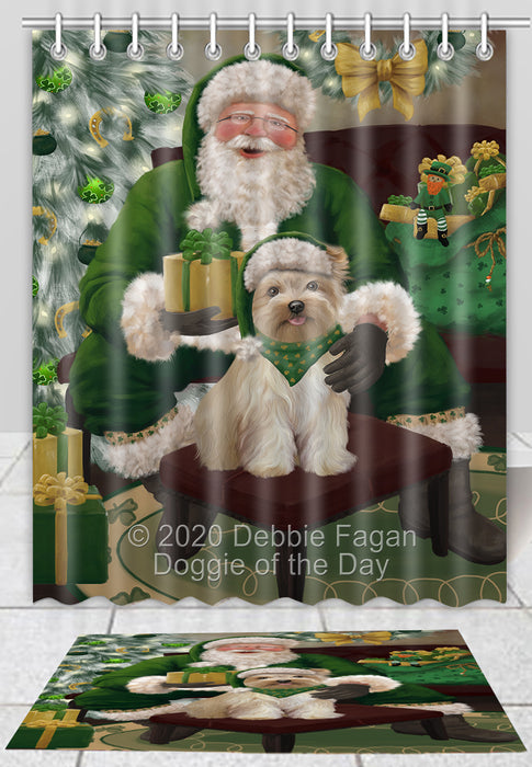 Christmas Irish Santa with Gift Yorkipoo Dog Bath Mat and Shower Curtain Combo
