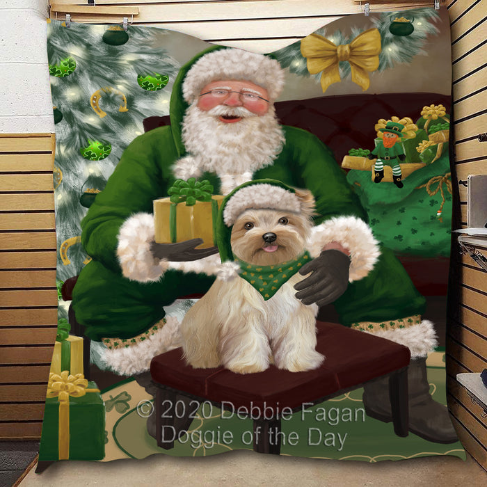 Christmas Irish Santa with Gift and Yorkipoo Dog Quilt Bed Coverlet Bedspread - Pets Comforter Unique One-side Animal Printing - Soft Lightweight Durable Washable Polyester Quilt