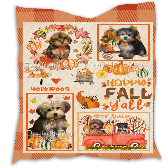 Happy Fall Y'all Pumpkin Yorkipoo Dogs Quilt Bed Coverlet Bedspread - Pets Comforter Unique One-side Animal Printing - Soft Lightweight Durable Washable Polyester Quilt